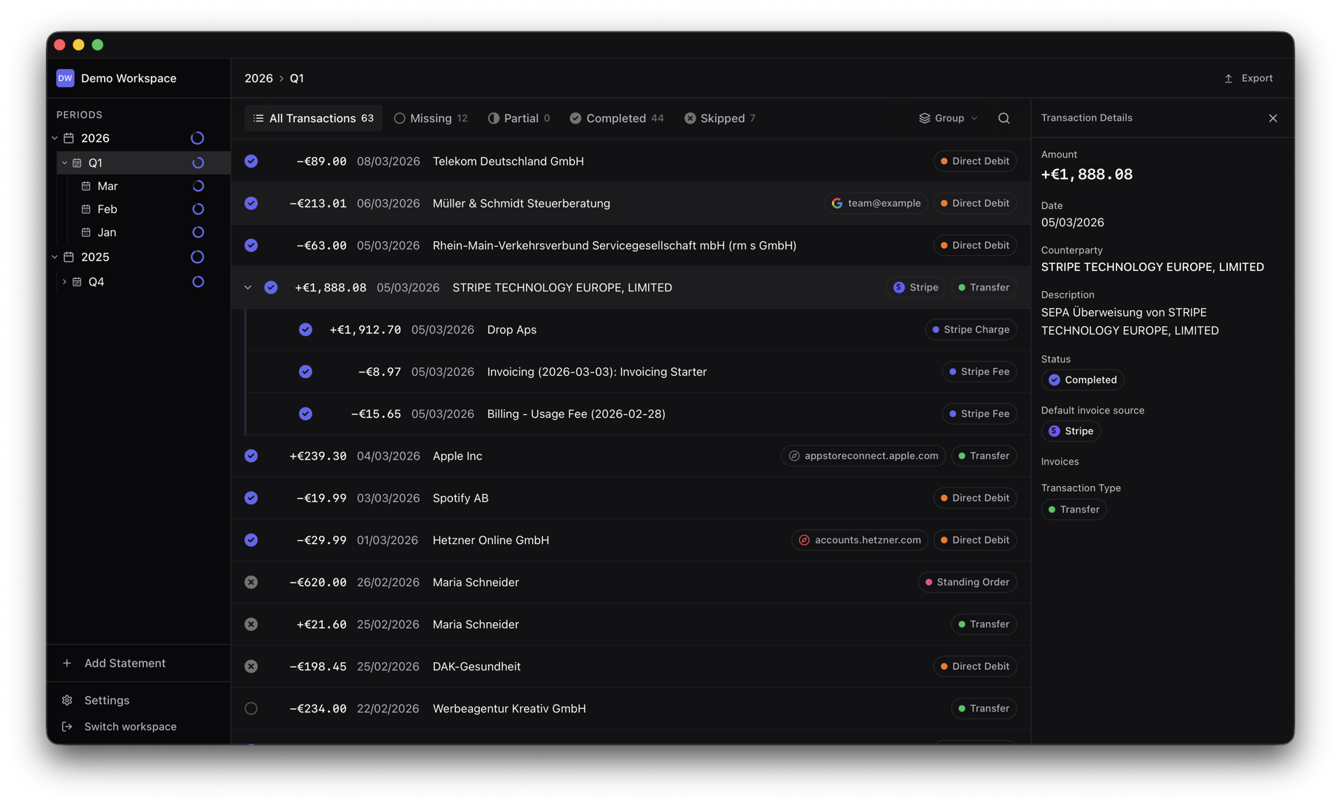 Belegdog macOS app matching bank transactions to their invoices, with a Stripe payout split into charges and the transaction inspector