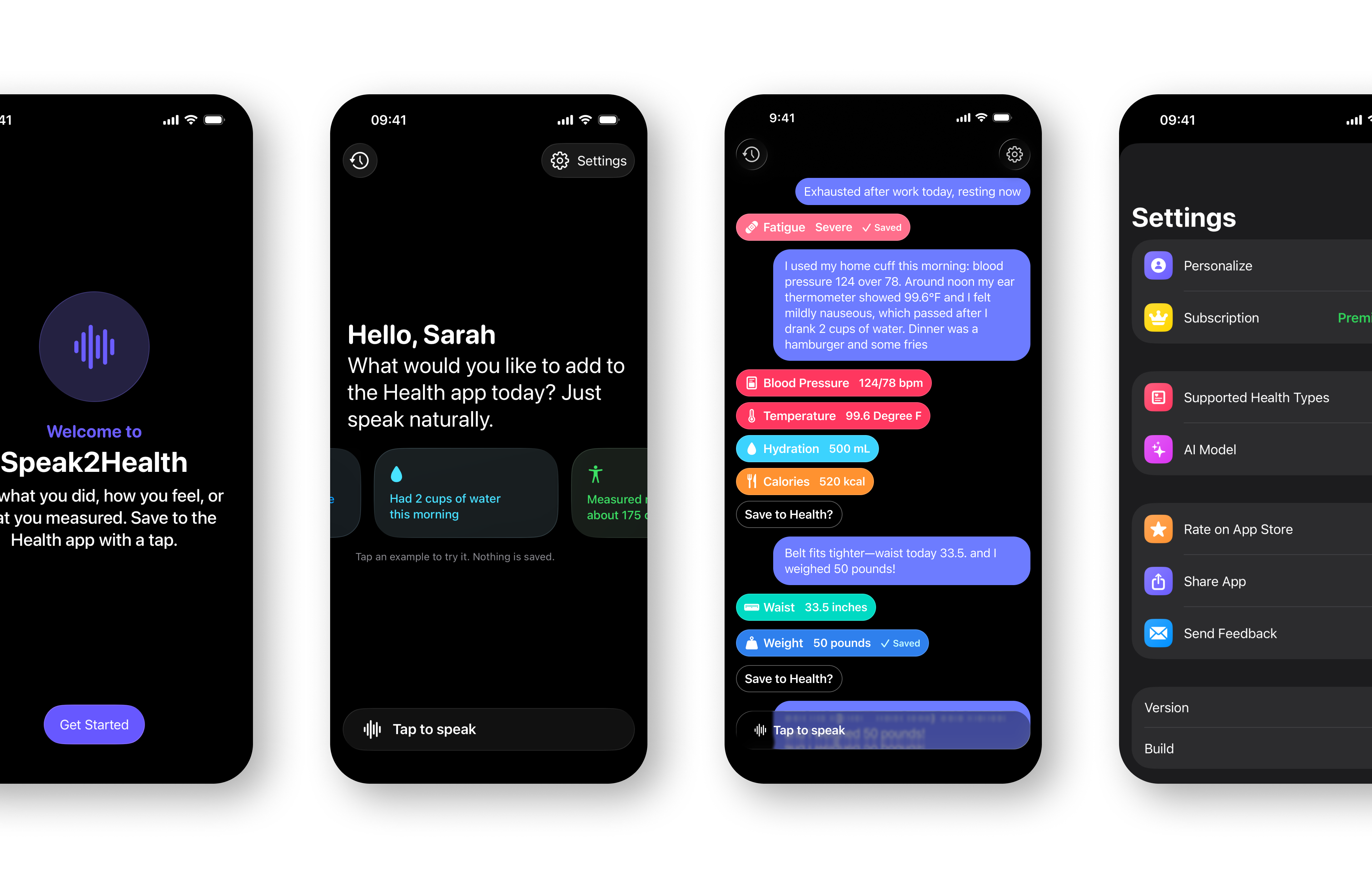 Speak2Health iOS app interface showing voice-powered health logging with AI extraction of vitals and nutrition data