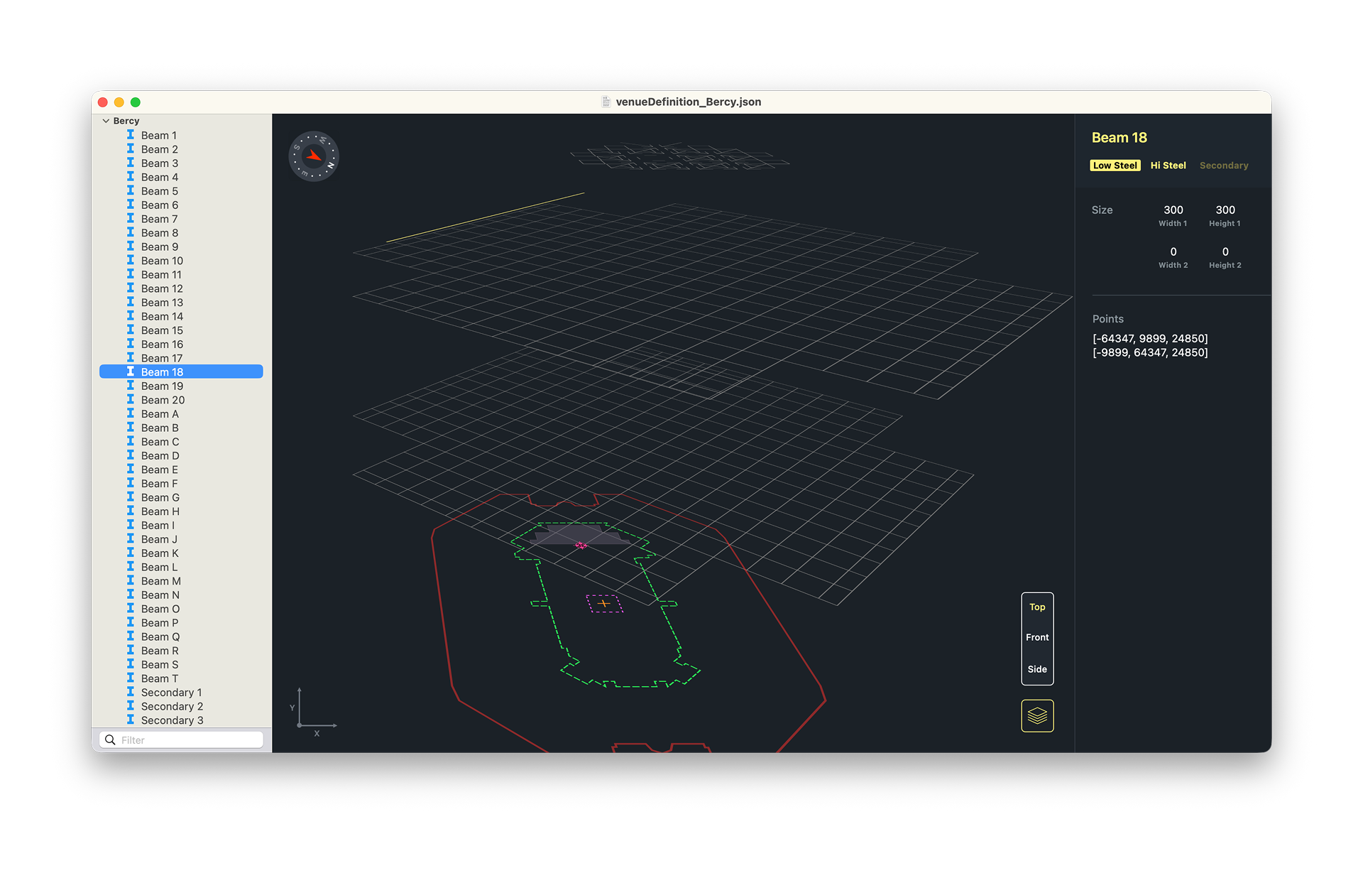 Venue Viewer macOS app interface showing venue plot visualization and testing tools for Hyperlay